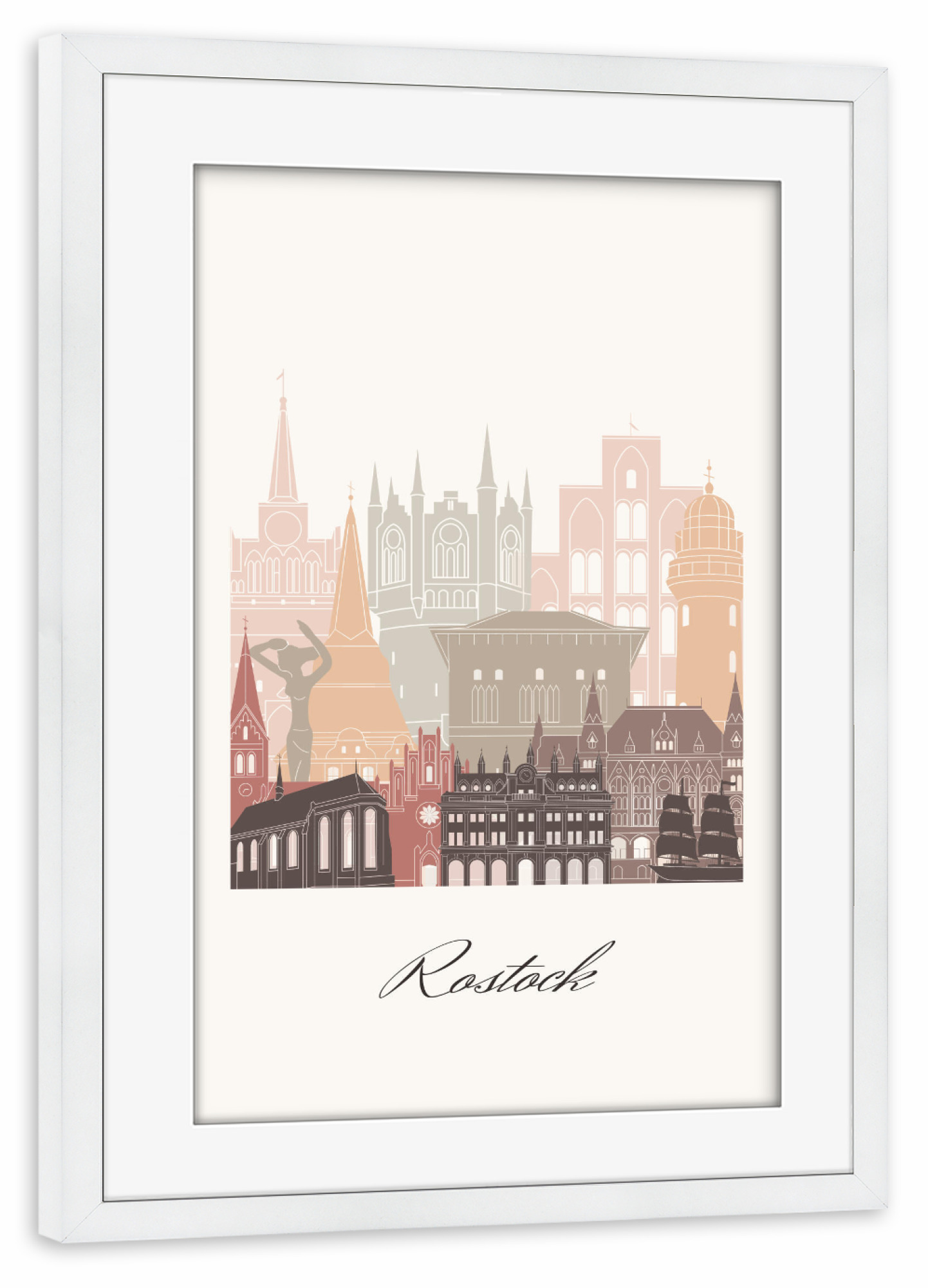 Poster mit Rahmen weiß "Rostock Skyline in Terrakotta" artboxONE - Städte,Reise,Architektur,Kartografie