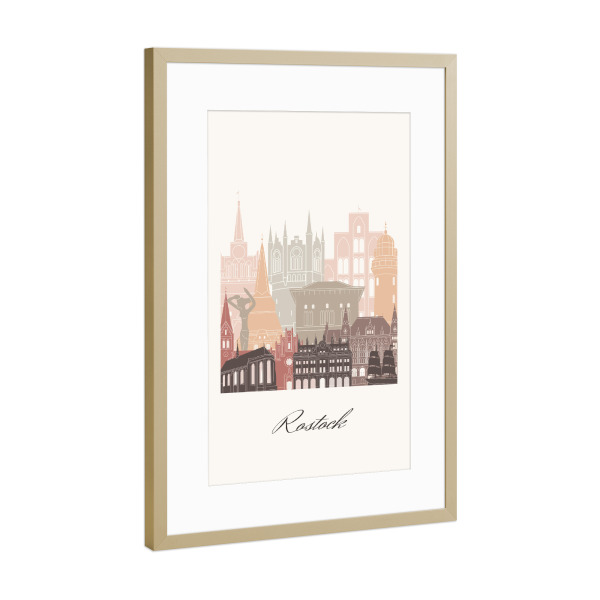 Poster mit Rahmen Gold "Rostock Skyline in Terrakotta" artboxONE - Städte,Reise,Architektur,Kartografie