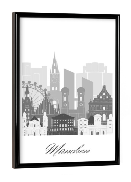 Poster mit schwarzem Rahmen "Münchner Skyline schwarz-weiß" artboxONE - Städte,Städte / München,Reise,Architektur,Kartografie