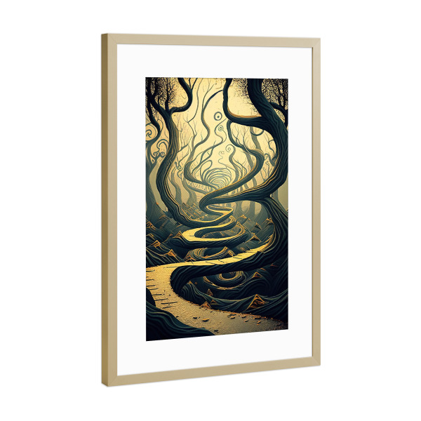 Poster mit Rahmen Gold "Surrealer Weg im mystischen Wald" artboxONE - Abstrakt
