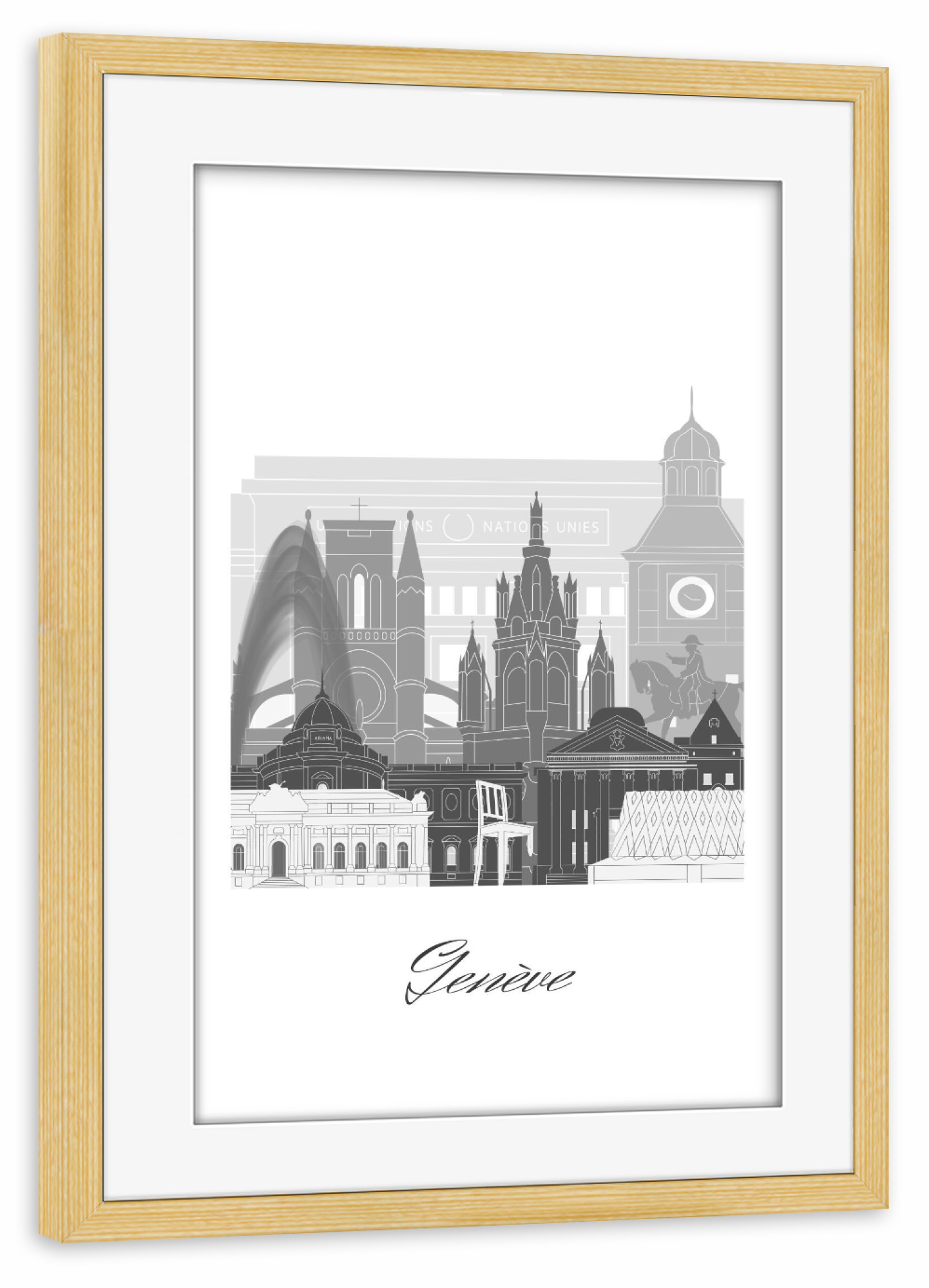 Poster mit Rahmen kiefer "Genfer Skyline schwarz-weiß" artboxONE - Städte,Reise,Architektur,Kartografie