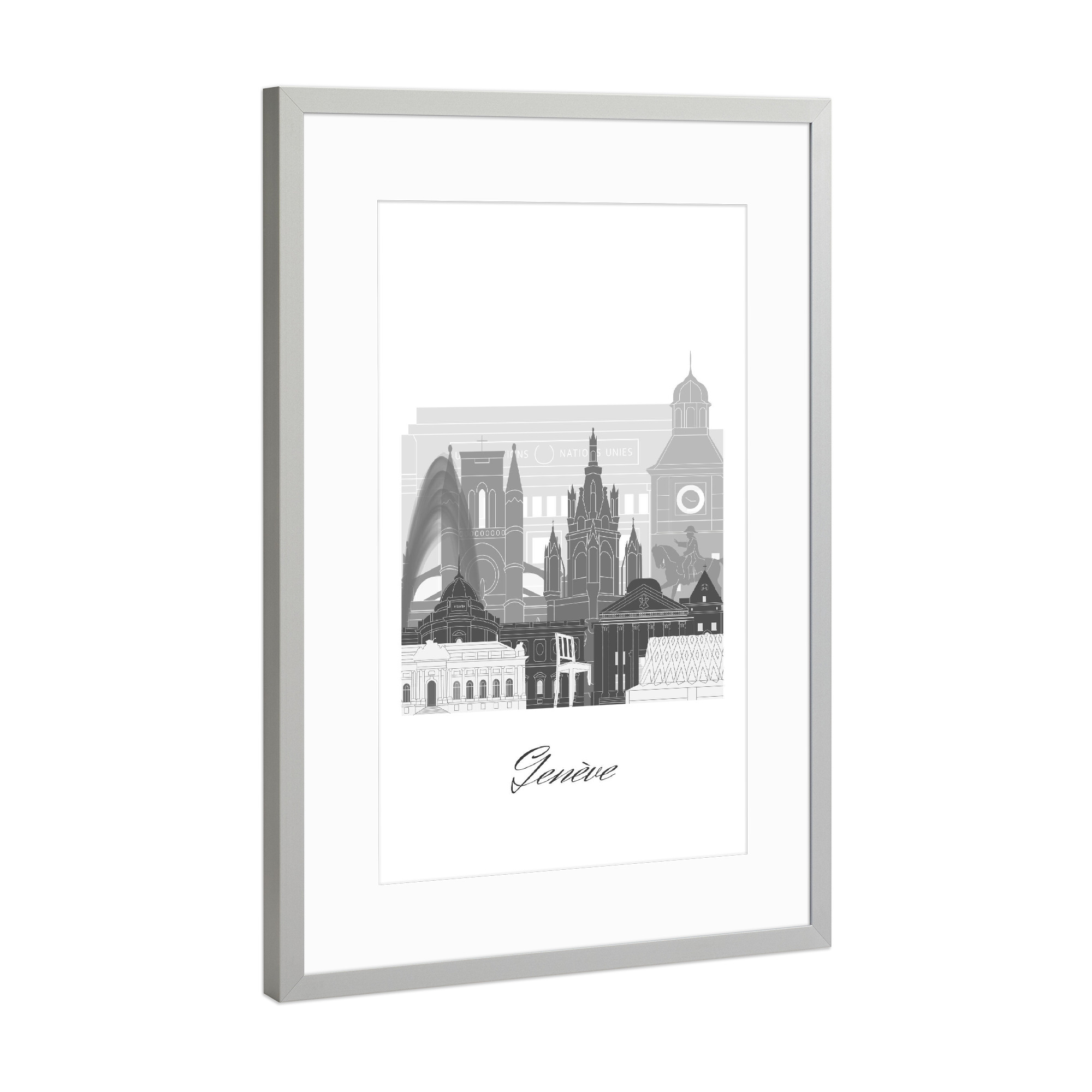 Poster mit Rahmen Silber "Genfer Skyline schwarz-weiß" artboxONE - Städte,Reise,Architektur,Kartografie
