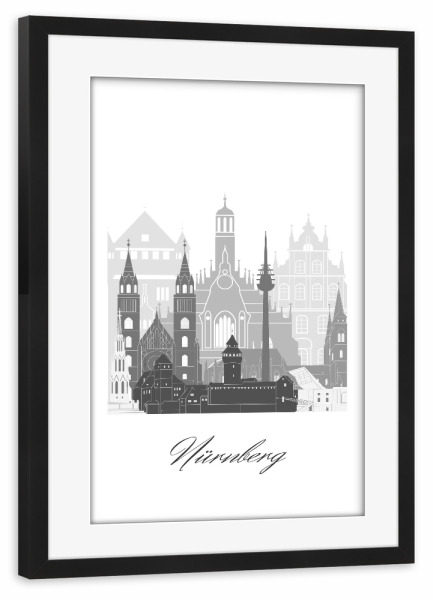 Poster mit Rahmen schwarz "Nürnberger Skyline schwarz weiß" artboxONE - Städte,Reise,Architektur,Kartografie