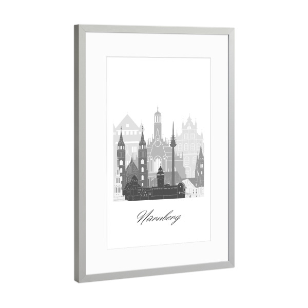Poster mit Rahmen Silber "Nürnberger Skyline schwarz weiß" artboxONE - Städte,Reise,Architektur,Kartografie