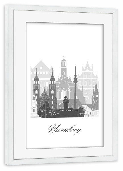 Poster mit Rahmen weiß "Nürnberger Skyline schwarz weiß" artboxONE - Städte,Reise,Architektur,Kartografie