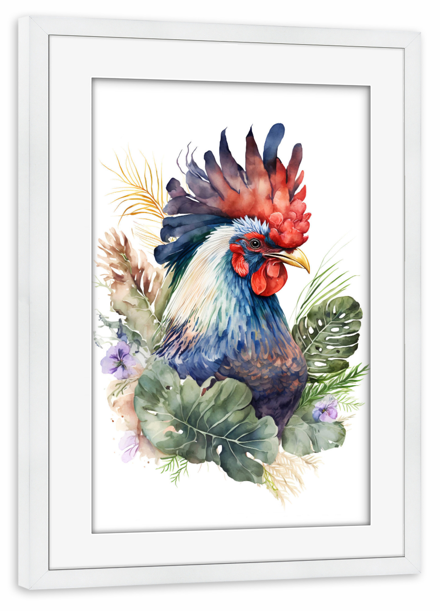 Poster mit Rahmen weiß "Hahn mit Blumen" artboxONE - Floral,Tiere
