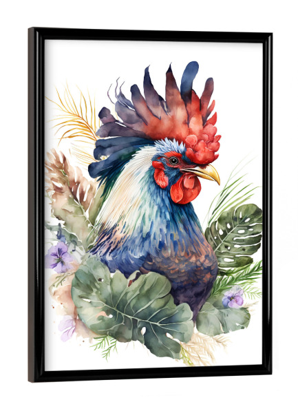 Poster mit schwarzem Rahmen "Hahn mit Blumen" artboxONE - Floral,Tiere