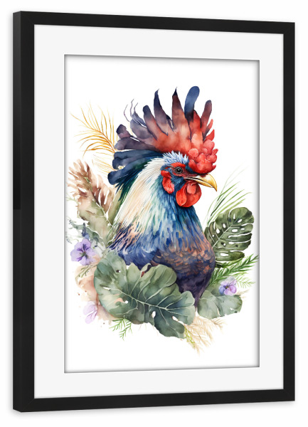 Poster mit Rahmen schwarz "Hahn mit Blumen" artboxONE - Floral,Tiere