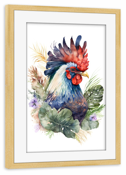 Poster mit Rahmen kiefer "Hahn mit Blumen" artboxONE - Floral,Tiere