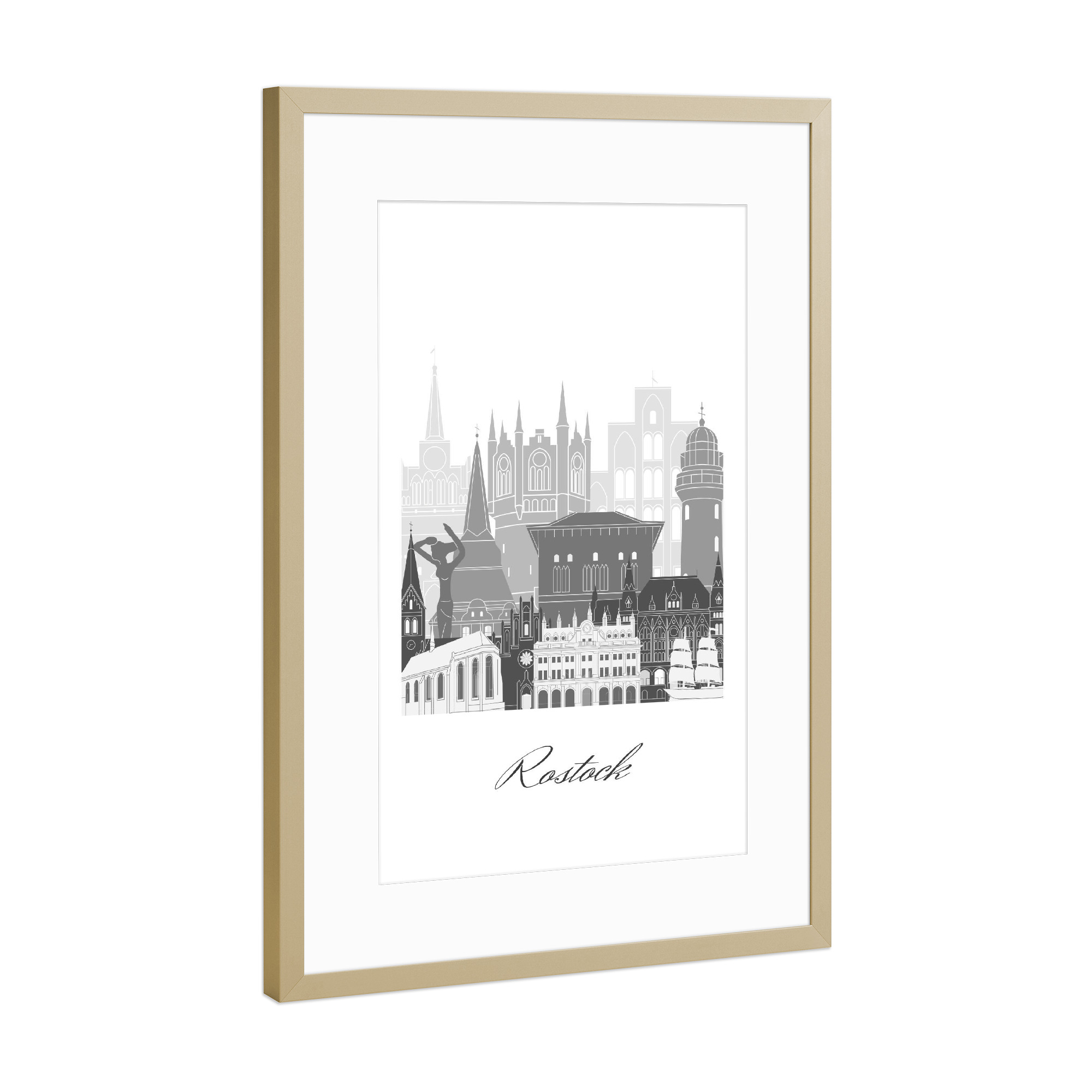 Poster mit Rahmen Gold "Rostocker Skyline schwarz-weiß" artboxONE - Städte,Reise,Architektur,Kartografie