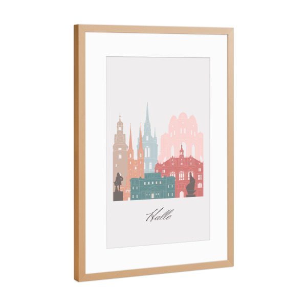 Poster mit Rahmen Kupfer "Halle-Skyline-Pastellstil" artboxONE - Städte,Reise,Architektur,Kartografie