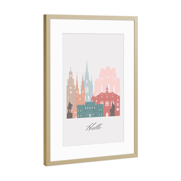 Poster mit Rahmen Gold "Halle-Skyline-Pastellstil" artboxONE - Städte,Reise,Architektur,Kartografie
