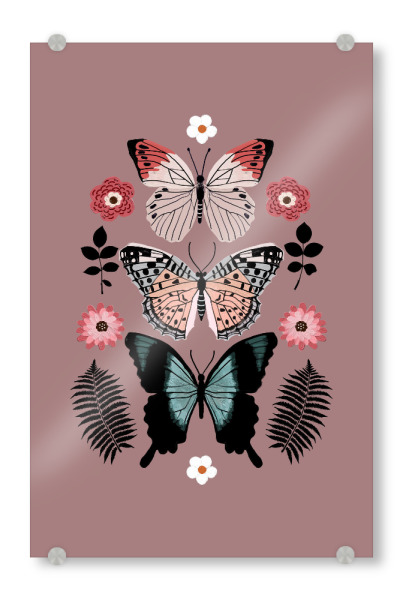 Acrylglasbild "Schmetterlinge Totem Pink" artboxONE - Natur,Tiere - Schmetterling,Schmetterlinge,Natur,Totem,Ethnisch,Boho,Malerei,Blume,Floral