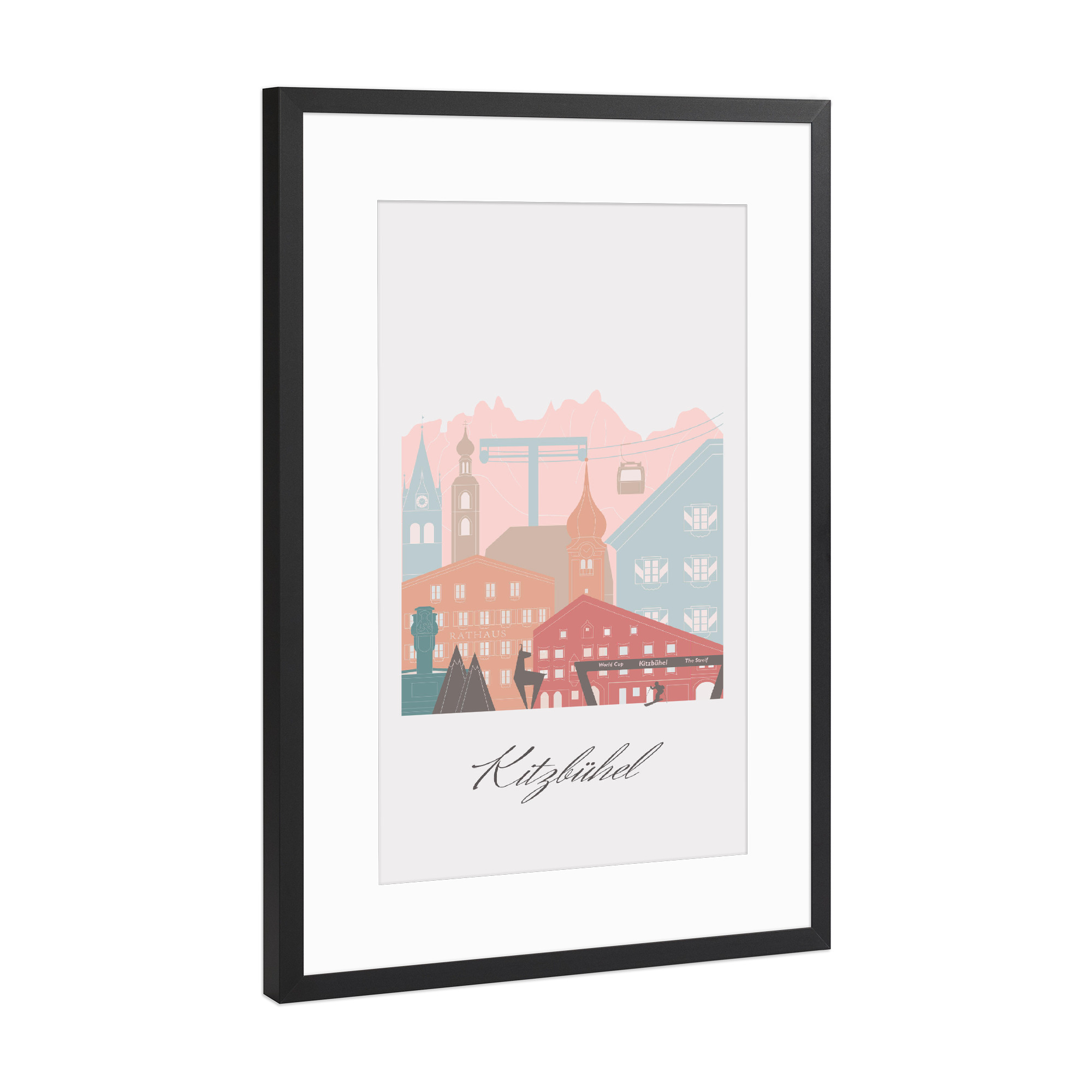 Poster mit Rahmen Schwarz (Metallic) "Kitzbüheler Skyline in Pastell" artboxONE - Städte,Reise,Architektur,Kartografie