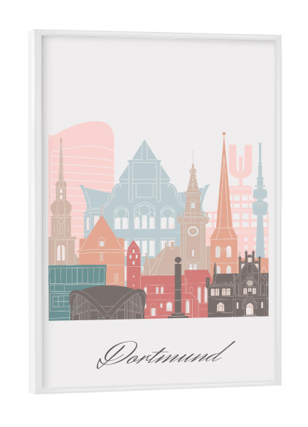 Poster mit weißem Rahmen "Dortmunder Skyline im Pastellstil" artboxONE - Städte,Reise,Architektur,Kartografie
