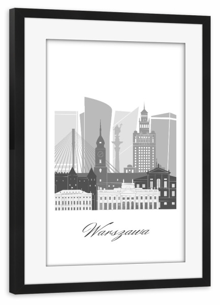 Poster mit Rahmen schwarz "Warschauer Skyline schwarz-weiß" artboxONE - Städte,Reise,Architektur,Kartografie