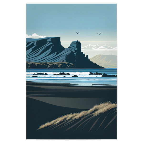 Poster 30x20 cm "Der schwarze Strand" artboxONE - Natur,Reise - Island,Rauðasandur,Strand,Schwarz,Vulkan,Meer,Klippen,Küste,Travel poster,Schilf
