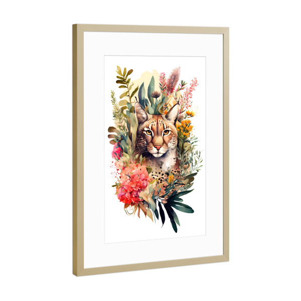 Poster mit Rahmen Gold "Luchs mit Blumen" artboxONE - Floral,Tiere
