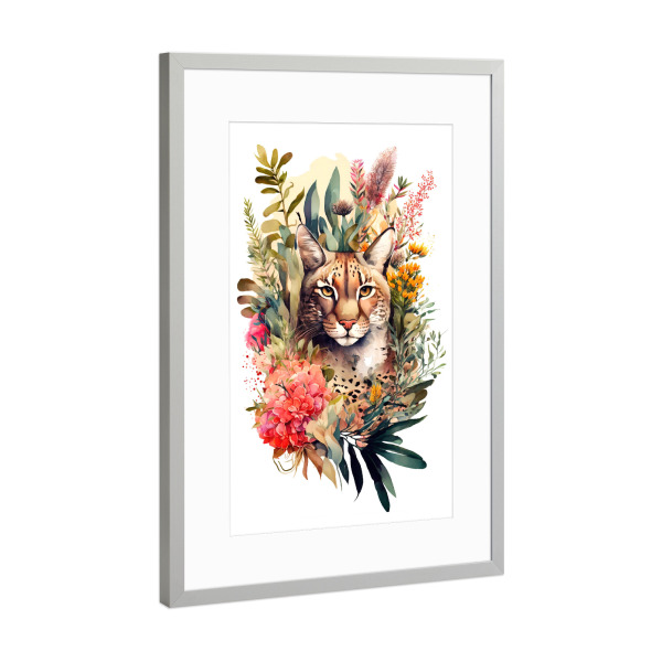Poster mit Rahmen Silber "Luchs mit Blumen" artboxONE - Floral,Tiere