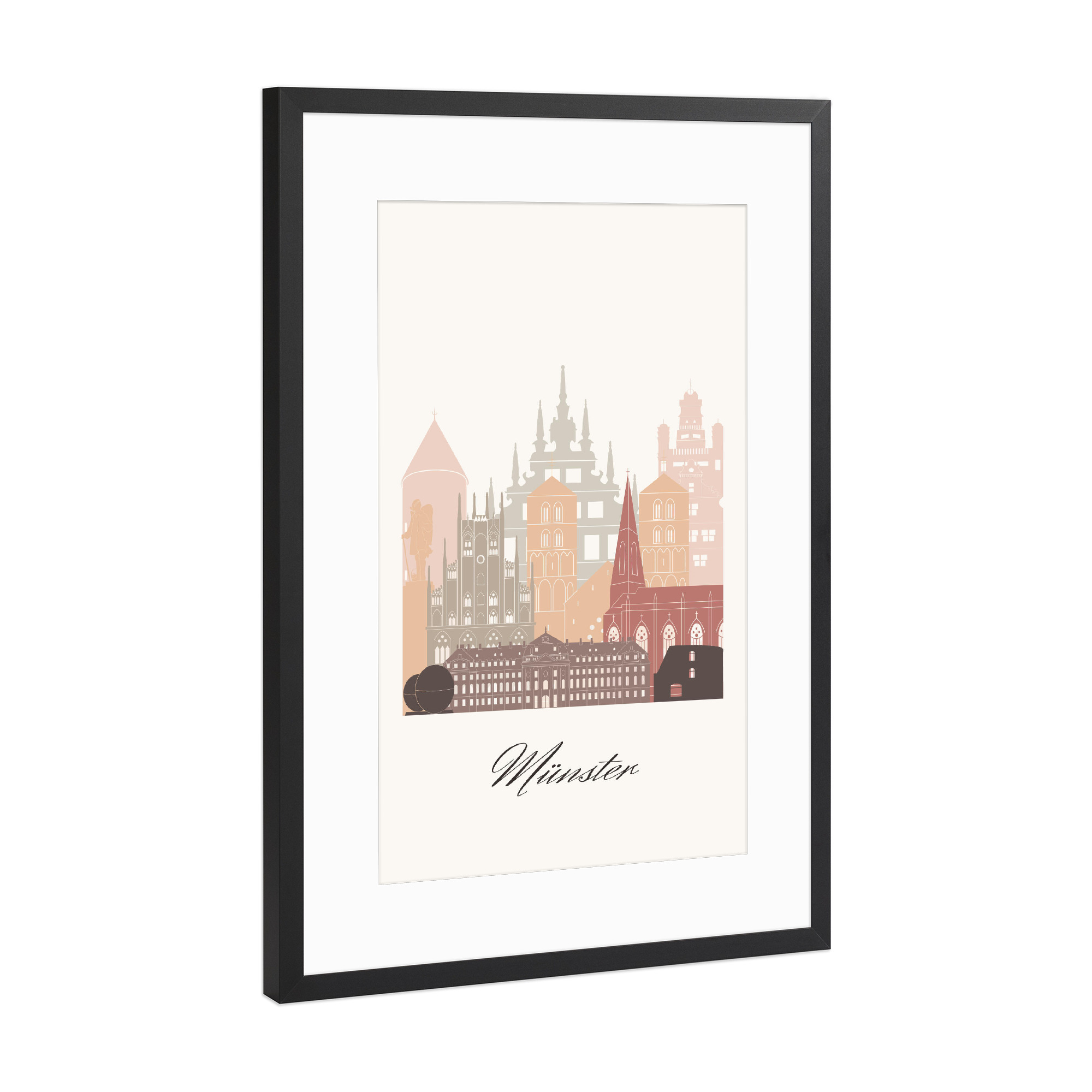 Poster mit Rahmen Schwarz (Metallic) "Münster Skyline in Terrakotta" artboxONE - Städte,Reise,Architektur,Kartografie