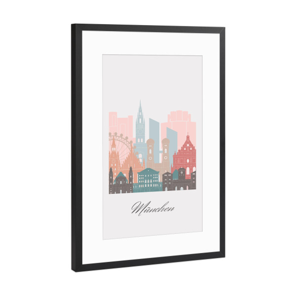 Poster mit Rahmen Schwarz (Metallic) "Münchner Skyline im Pastellstil" artboxONE - Städte,Städte / München,Reise,Architektur,Kartografie