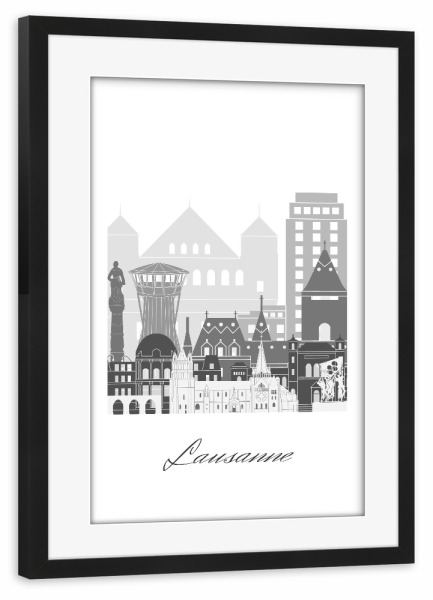 Poster mit Rahmen schwarz "Lausanne Skyline schwarz-weiß" artboxONE - Städte,Reise,Architektur,Kartografie