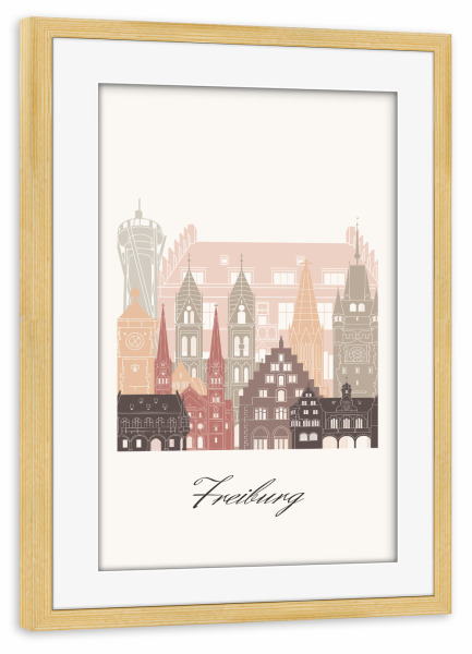Poster mit Rahmen kiefer "Freiburger Skyline in Terrakotta" artboxONE - Städte,Reise,Architektur,Kartografie