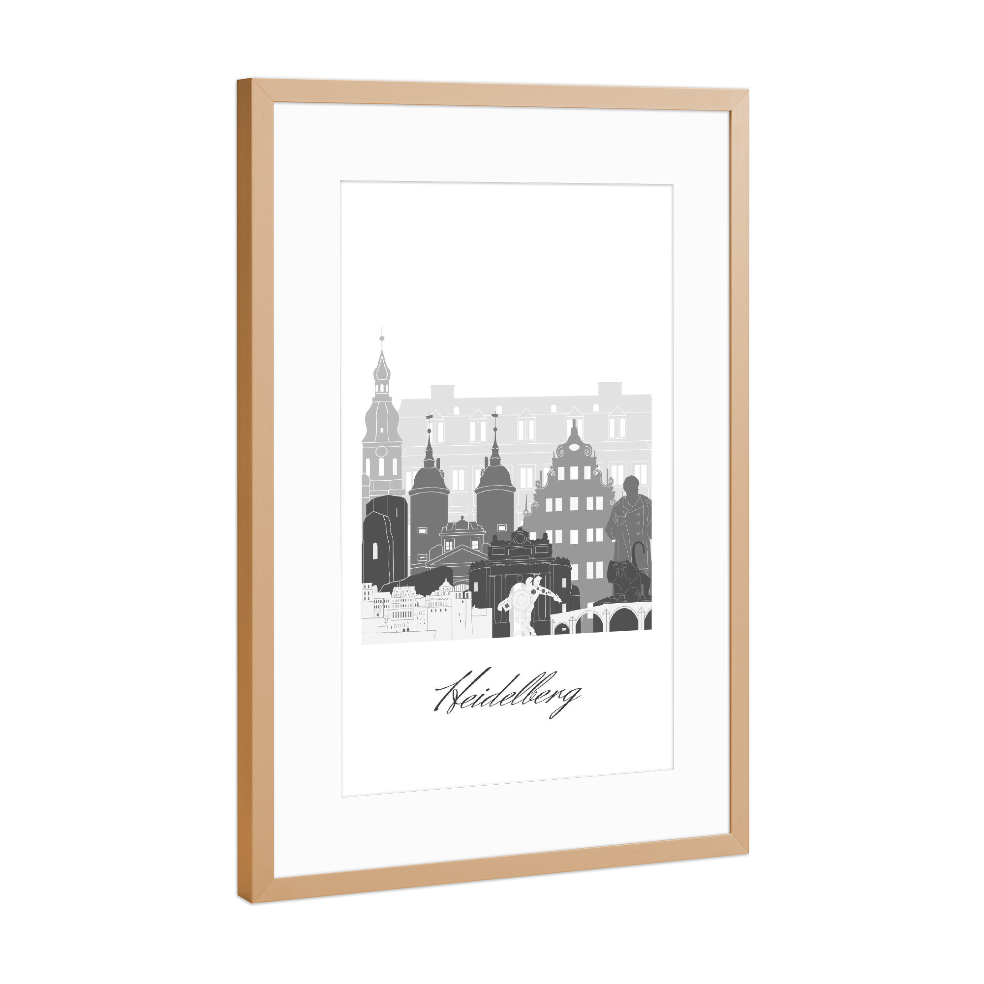 Poster mit Rahmen Kupfer "Heidelberger Skyline schwarz weiß" artboxONE - Städte,Reise,Architektur,Kartografie