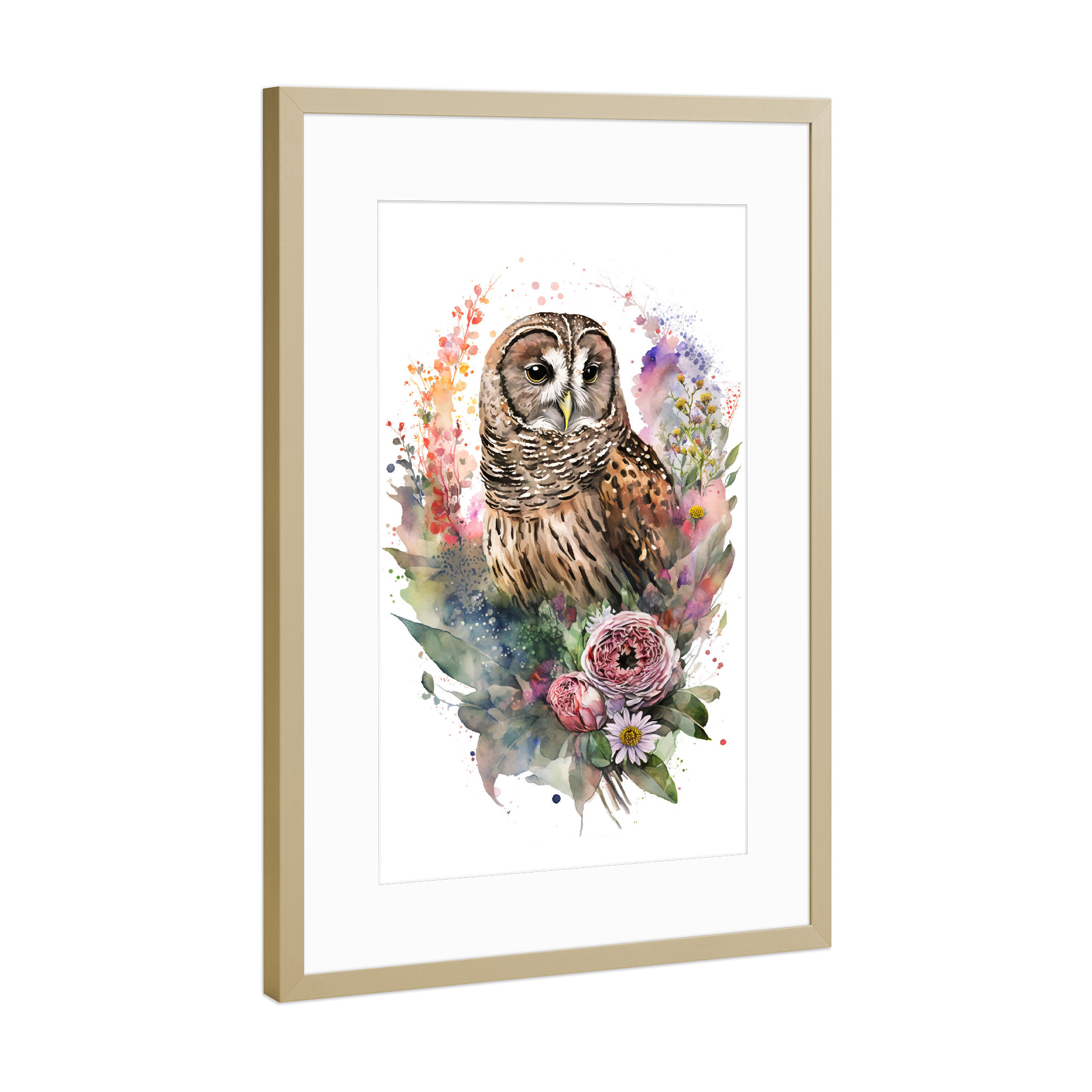Poster mit Rahmen Gold "Streifenkauz mit Blumen" artboxONE - Floral,Tiere