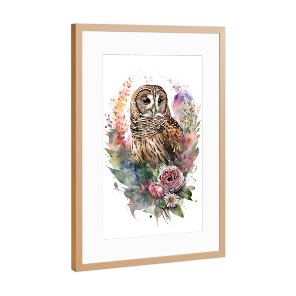 Poster mit Rahmen Kupfer "Streifenkauz mit Blumen" artboxONE - Floral,Tiere