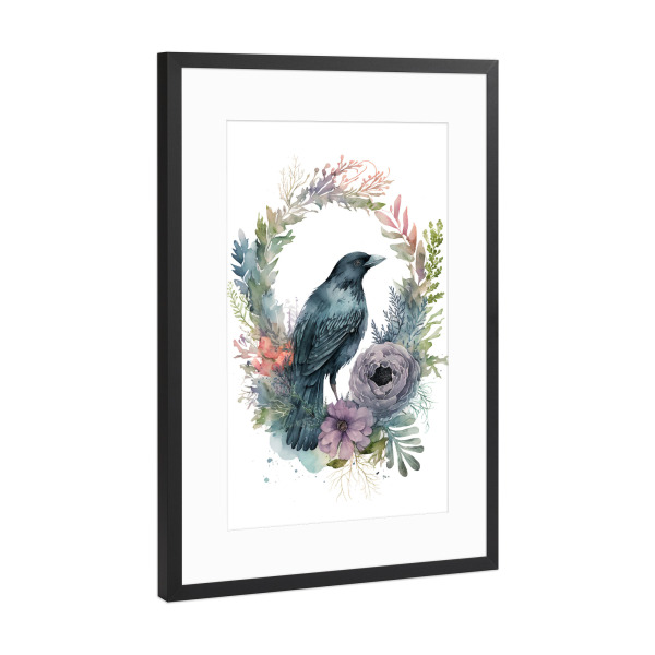 Poster mit Rahmen Schwarz (Metallic) "Rabe mit schönen Blumen" artboxONE - Floral,Tiere