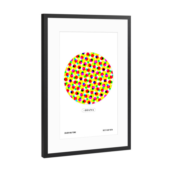 Poster mit Rahmen Schwarz (Metallic) "Halftone Circle- Farbe:#D9a74a" artboxONE - Typografie,Abstrakt,Geometrie