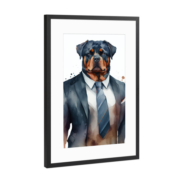 Poster mit Rahmen Schwarz (Metallic) "Rottweiler mit Anzug und Krawatte" artboxONE - Tiere,Lustig