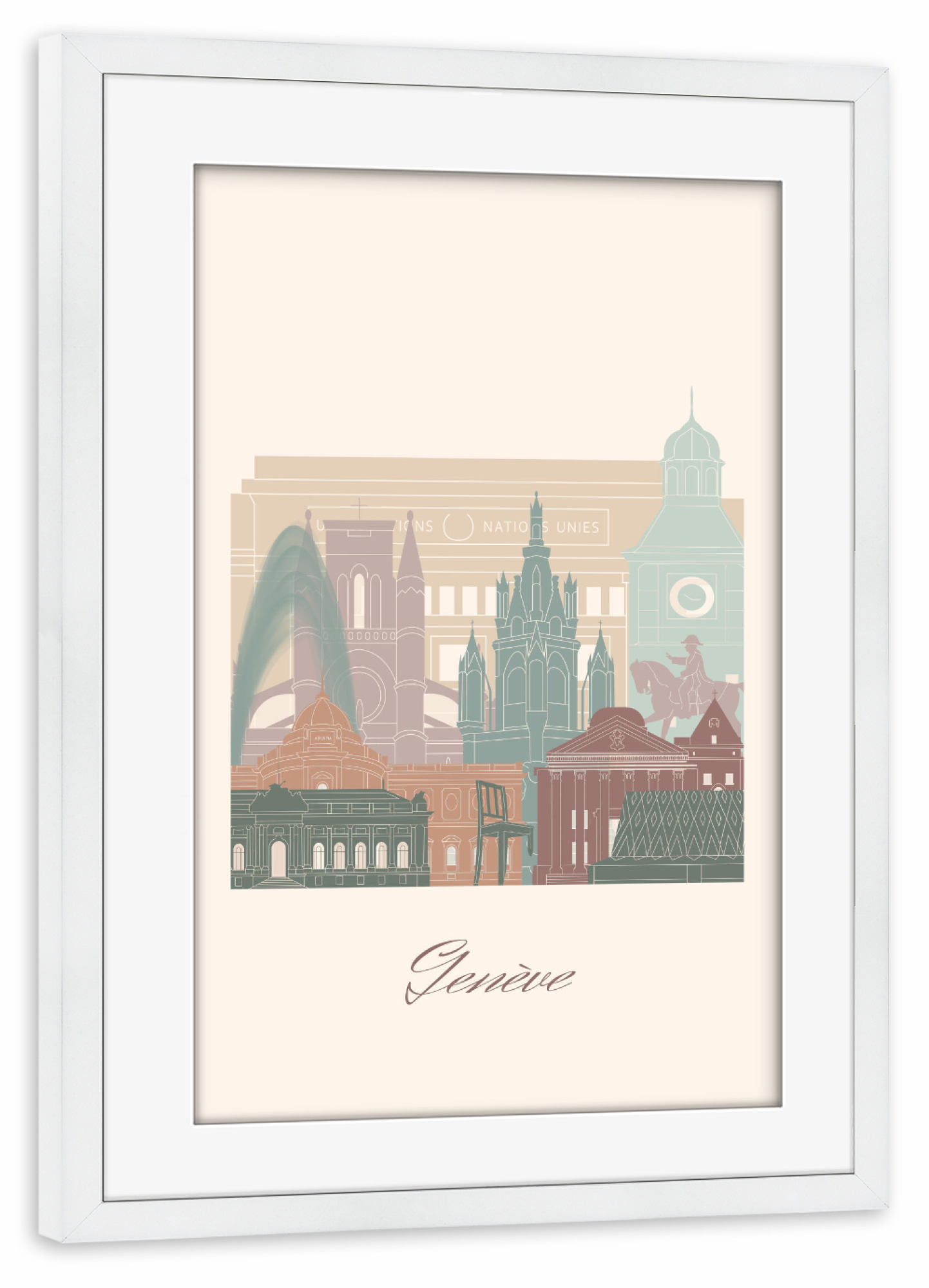 Poster mit Rahmen weiß "Genf Skyline in Salbeigrün" artboxONE - Städte,Reise,Architektur,Kartografie