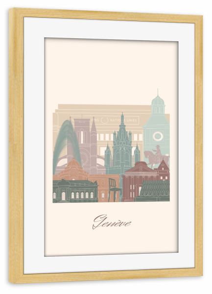Poster mit Rahmen kiefer "Genf Skyline in Salbeigrün" artboxONE - Städte,Reise,Architektur,Kartografie