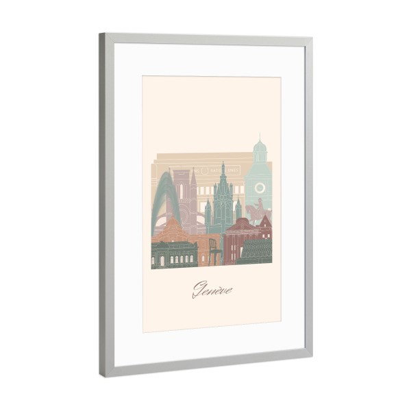 Poster mit Rahmen Silber "Genf Skyline in Salbeigrün" artboxONE - Städte,Reise,Architektur,Kartografie