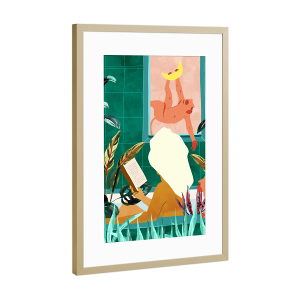 Poster mit Rahmen Gold "Urbanes Dschungelbad | Tropisch" artboxONE - Tiere,Menschen