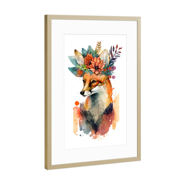 Poster mit Rahmen Gold "Fuchs mit schönen Blumen" artboxONE - Floral,Tiere