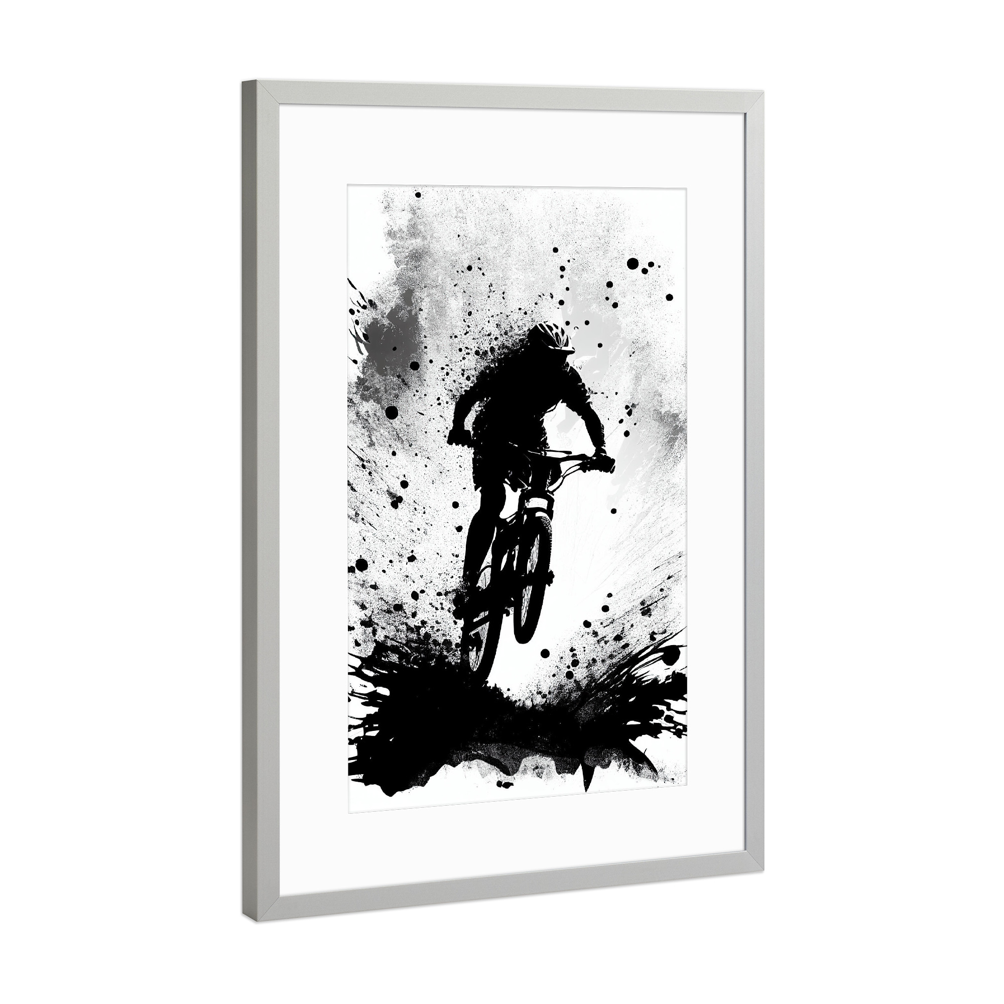Poster mit Rahmen Silber "Mountainbike springen" artboxONE - Schwarzweiß,Sport