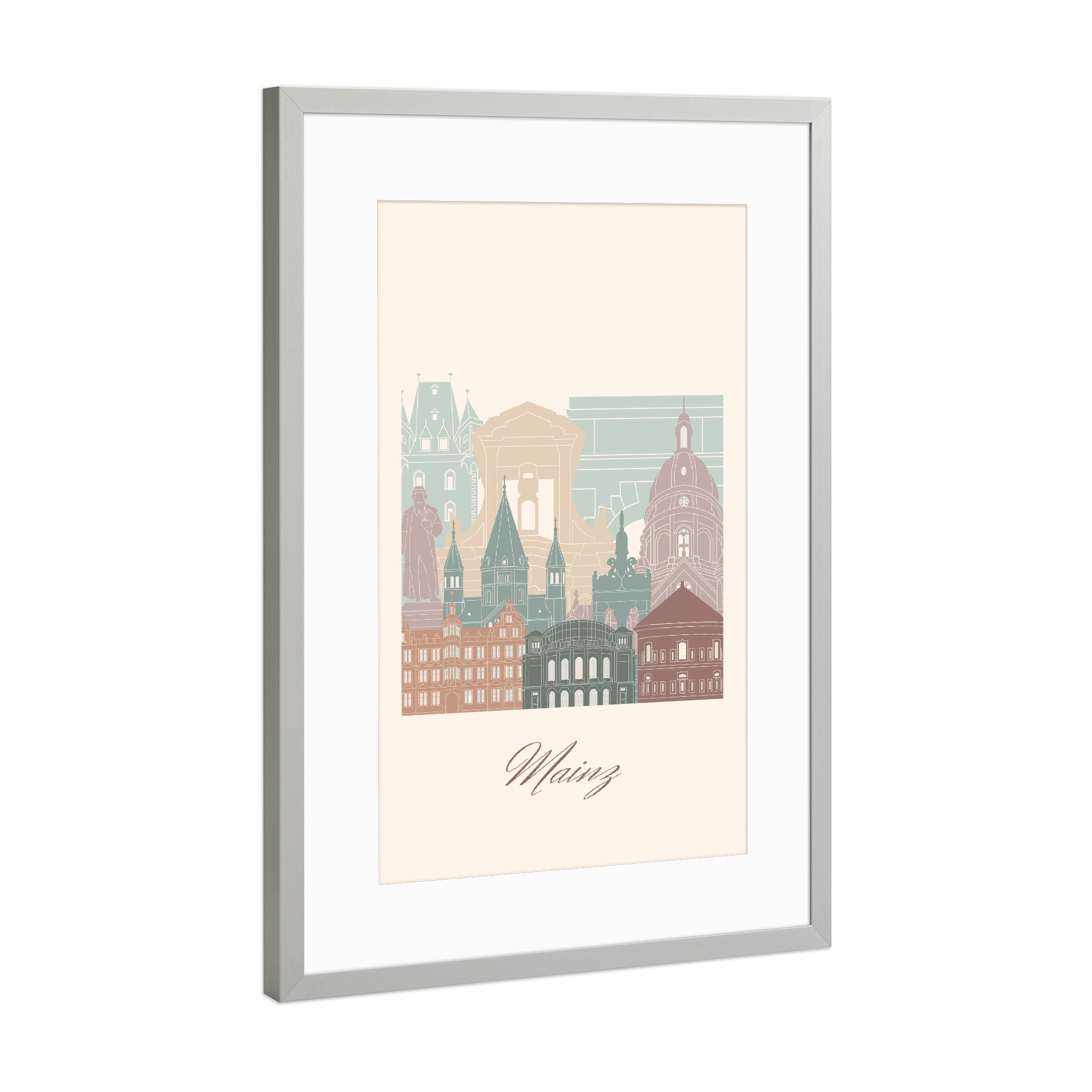 Poster mit Rahmen Silber "Mainzer Skyline in Salbeigrün" artboxONE - Städte,Reise,Architektur,Kartografie