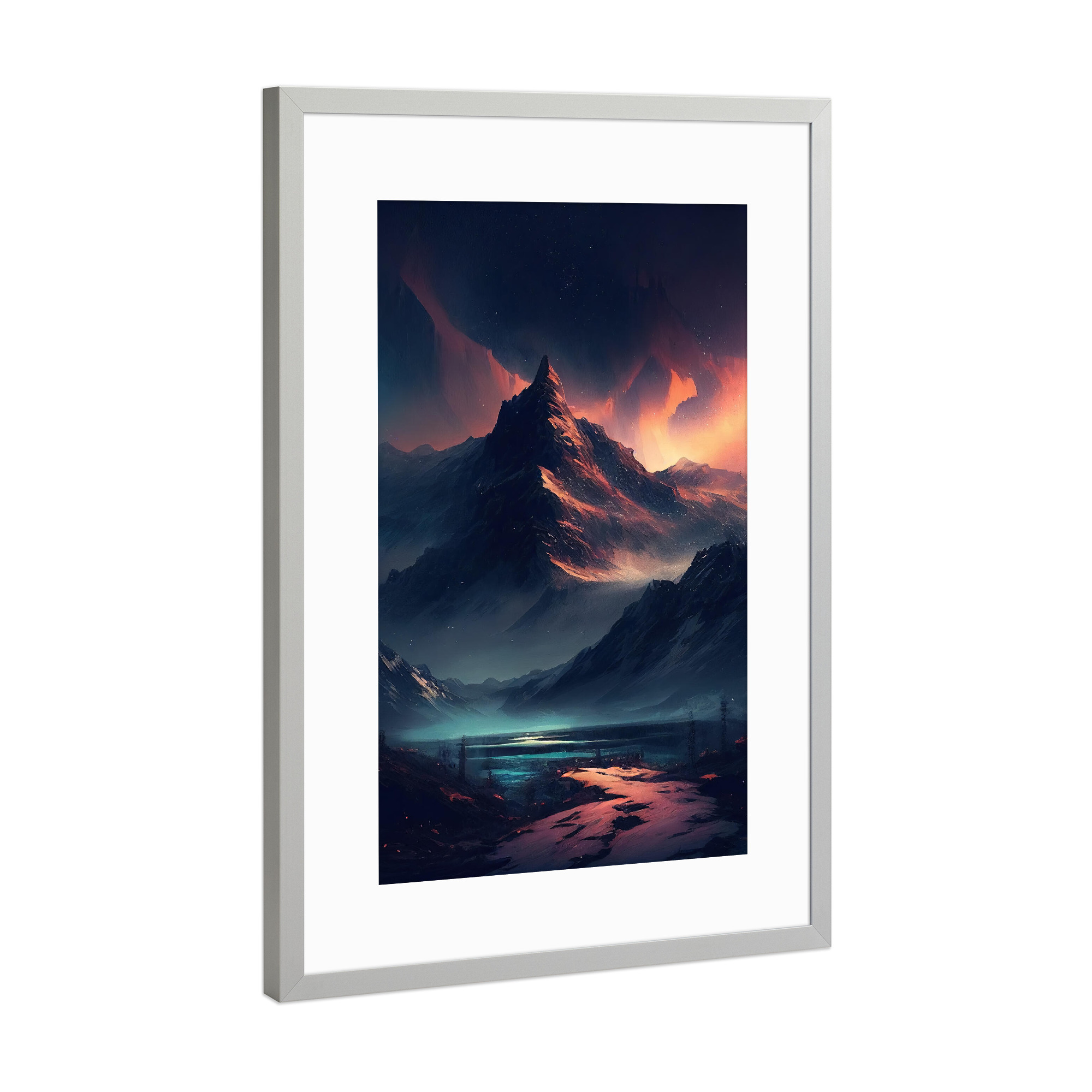 Poster mit Rahmen Silber "Nachtlandschaft Bergmalerei" artboxONE - Natur,Reise