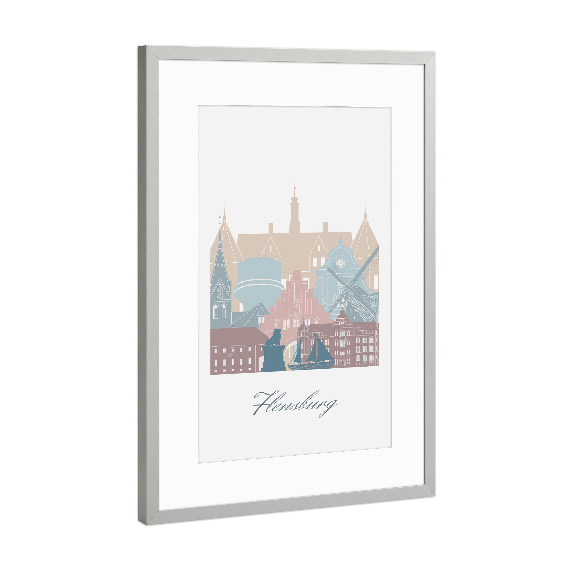 Poster mit Rahmen Silber "Flensburger Skyline in Erdtönen" artboxONE - Städte,Reise,Architektur,Kartografie