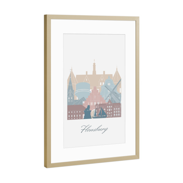 Poster mit Rahmen Gold "Flensburger Skyline in Erdtönen" artboxONE - Städte,Reise,Architektur,Kartografie