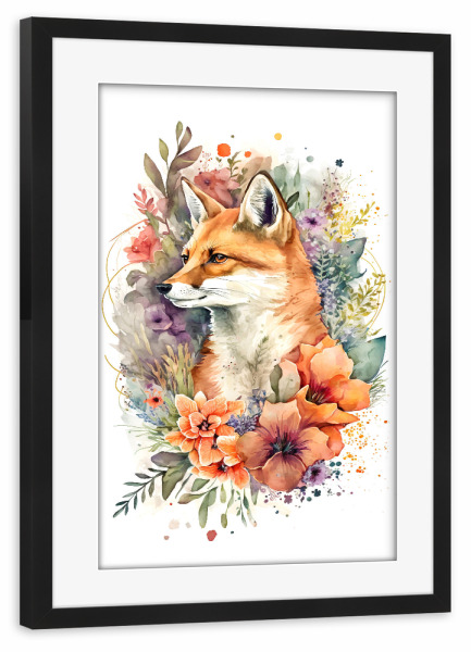 Poster mit Rahmen schwarz "Schöner Fuchs mit Blumen" artboxONE - Floral,Tiere