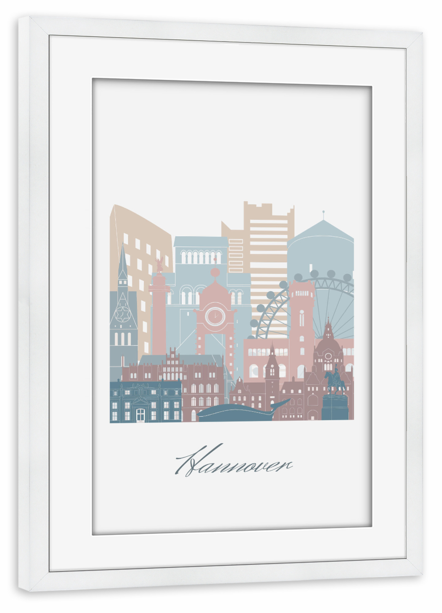 Poster mit Rahmen weiß "Hannover Skyline Erdtöne Stil" artboxONE - Städte,Reise,Architektur,Kartografie