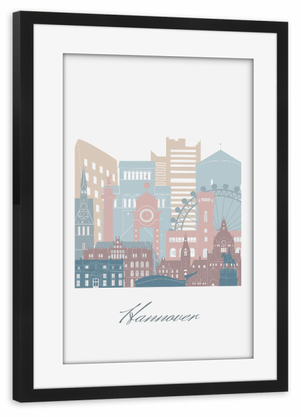 Poster mit Rahmen schwarz "Hannover Skyline Erdtöne Stil" artboxONE - Städte,Reise,Architektur,Kartografie