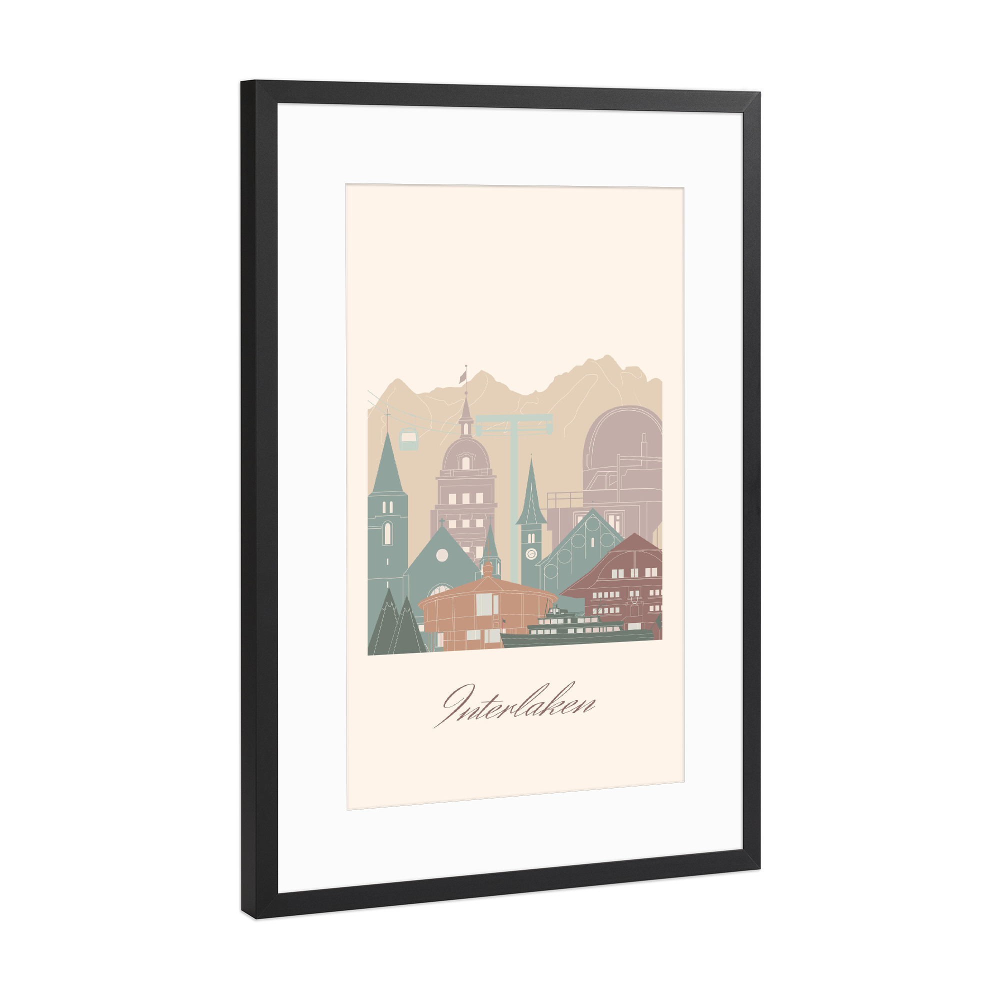 Poster mit Rahmen Schwarz (Metallic) "Interlaken Skyline Salbeigrün" artboxONE - Städte,Reise,Architektur,Kartografie