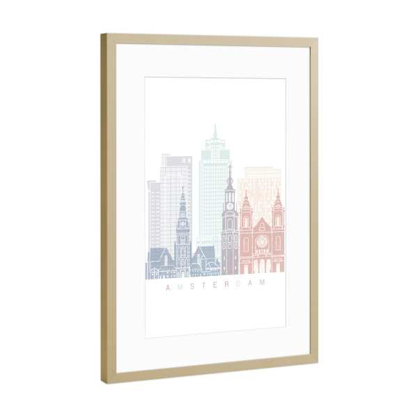 Poster mit Rahmen Gold "AMSTERDAM SKYLINE PASTELL-b" artboxONE - Städte,Architektur