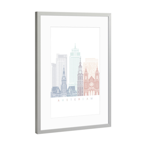 Poster mit Rahmen Silber "AMSTERDAM SKYLINE PASTELL-b" artboxONE - Städte,Architektur