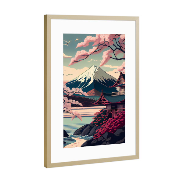Poster mit Rahmen Gold "Kirschblüte - Tempel in Pink" artboxONE - Natur,Reise,Floral,Architektur